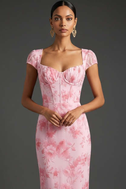 Pink Floral Mermaid Corset Sweetheart Long Wedding Guest Dress
