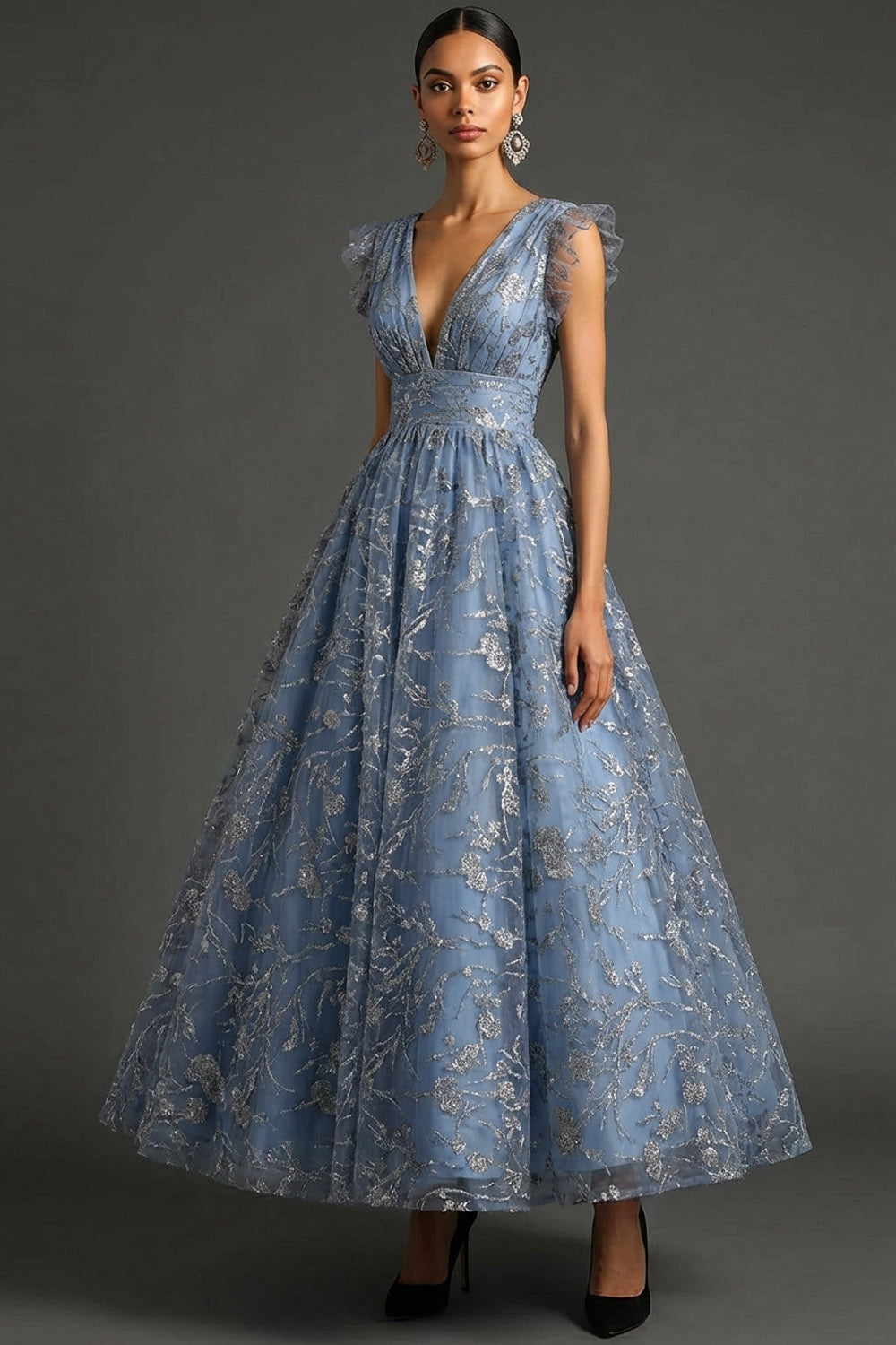 Dusty Blue Sparkly Floral A Line Long Gala Dress with Sequin