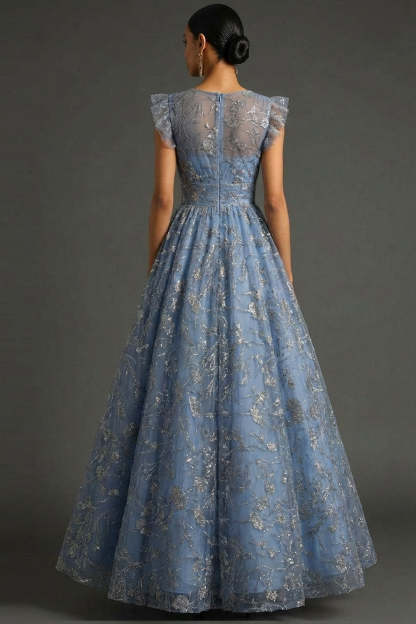 Dusty Blue Sparkly Floral A Line Long Gala Dress with Sequin