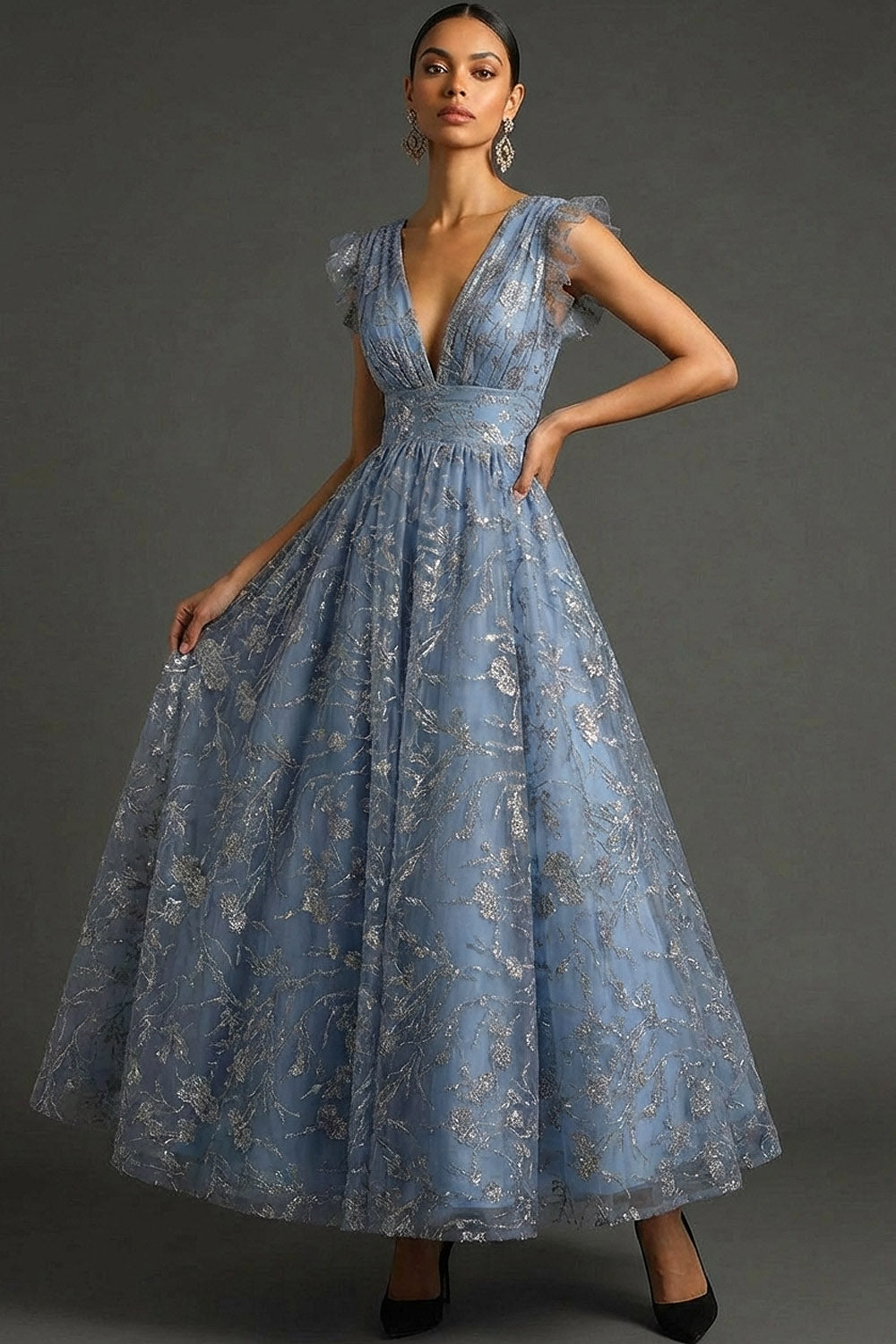 Dusty Blue Sparkly Floral A Line Long Gala Dress with Sequin