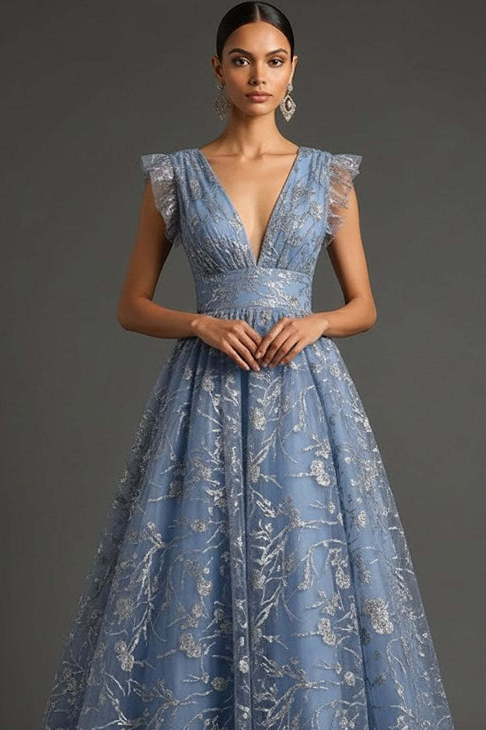 Dusty Blue Sparkly Floral A Line Long Gala Dress with Sequin