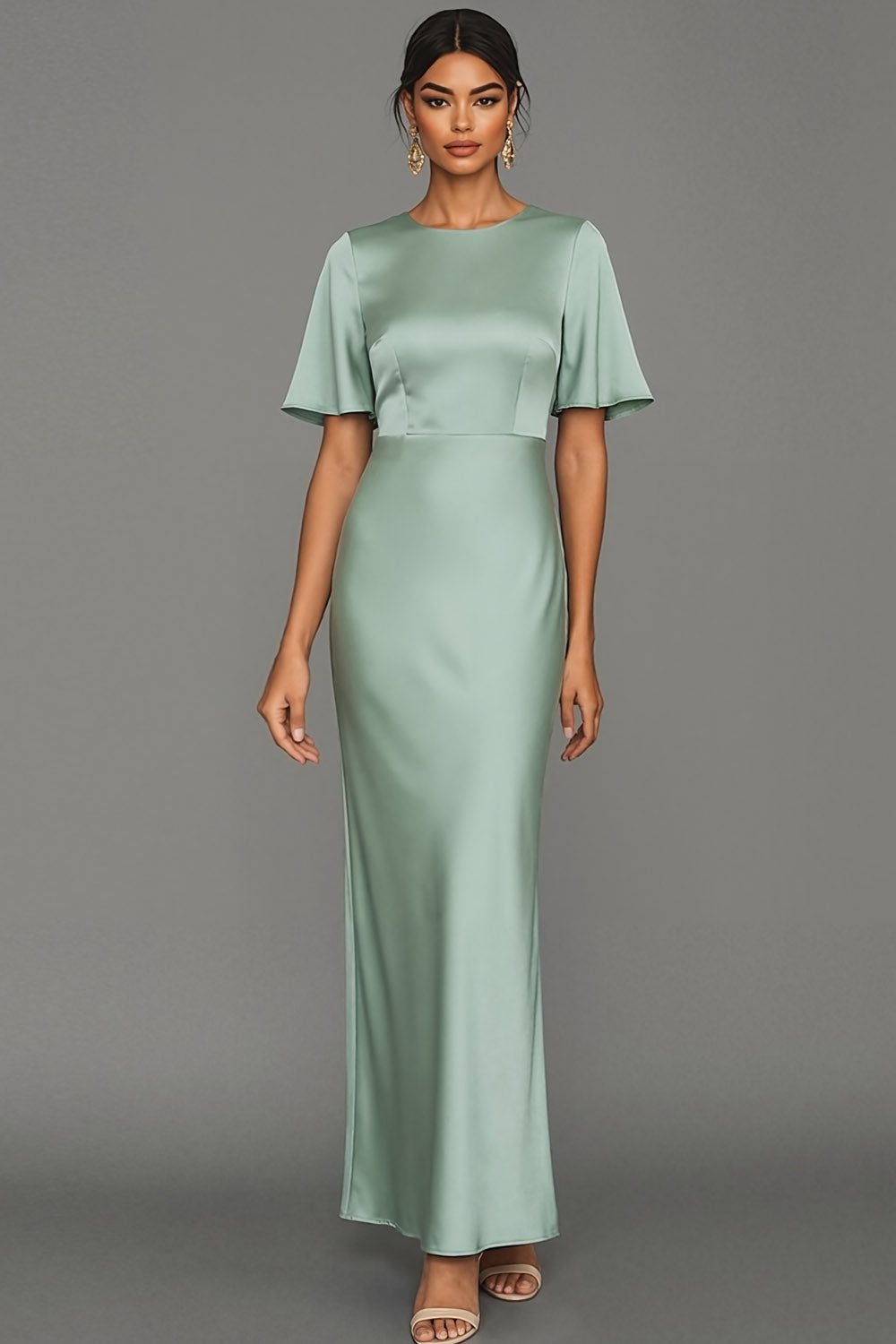 Leely Women Dusty Sage Mermaid Satin Maxi Wedding Guest Dress Short Sleeves Round Neck Bridesmaid Dress