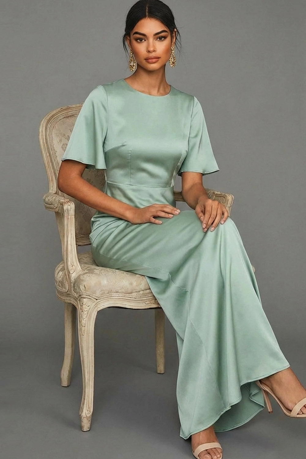 Dusty Sage Mermaid Satin Maxi Wedding Guest Dress