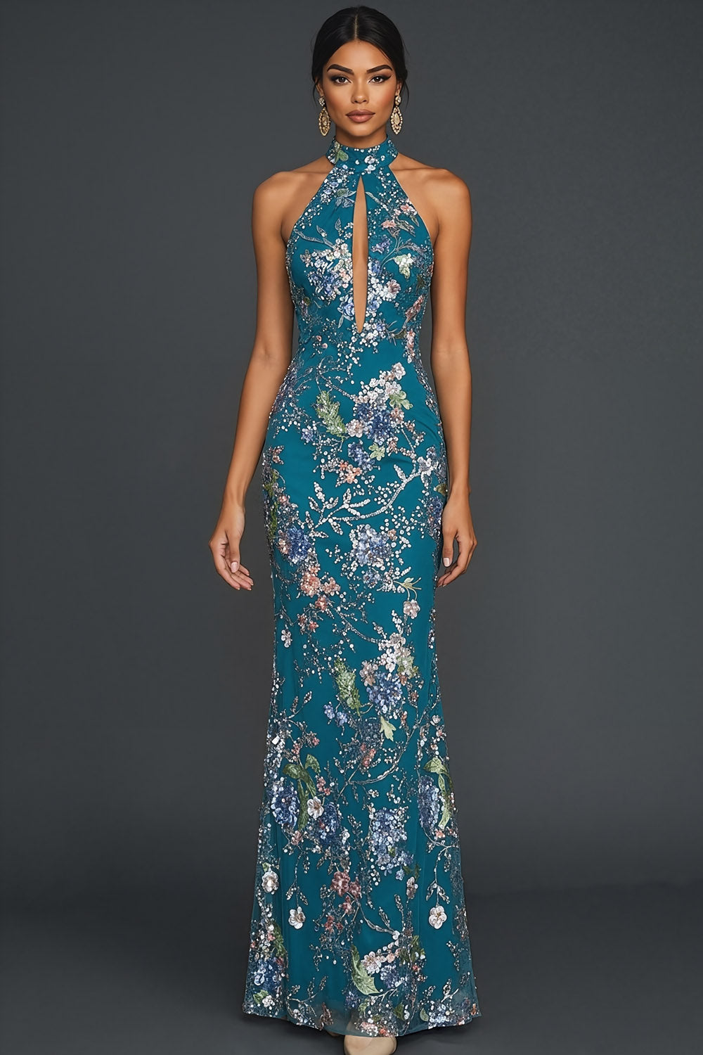 Sparkly Floral Peacock Mermaid Maxi Gala Dress with Beading