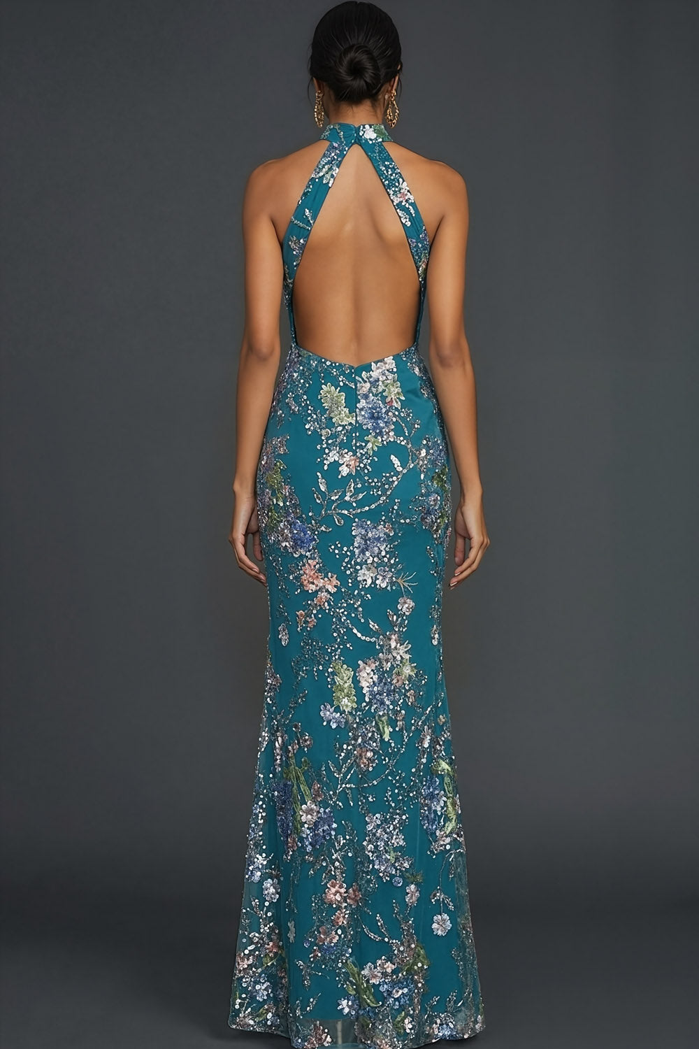 Sparkly Floral Peacock Mermaid Maxi Gala Dress with Beading