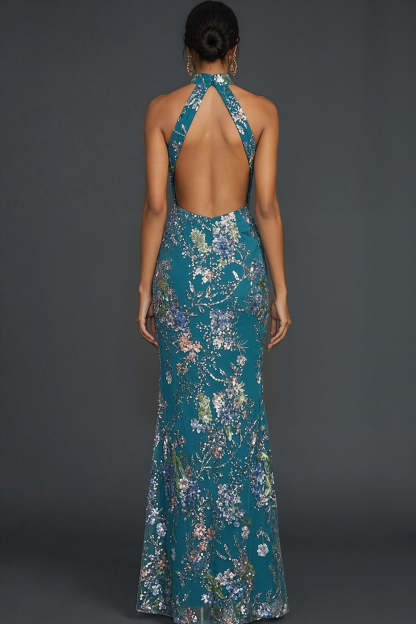 Sparkly Floral Peacock Mermaid Maxi Gala Dress with Beading