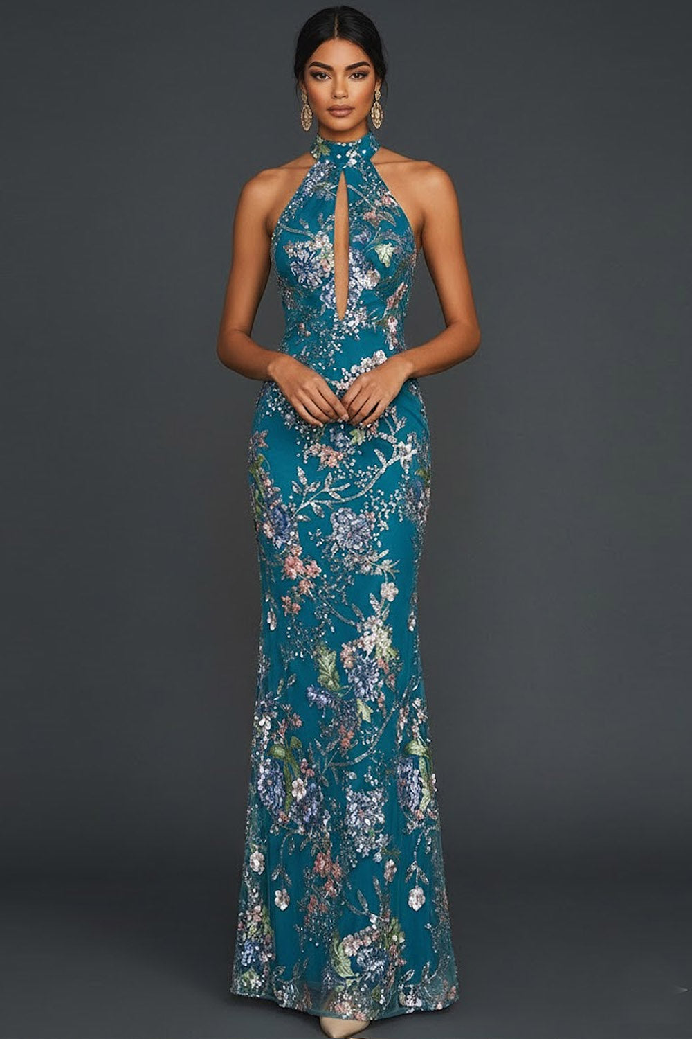 Sparkly Floral Peacock Mermaid Maxi Gala Dress with Beading