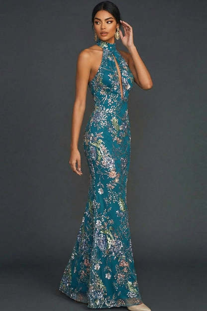 Sparkly Floral Peacock Mermaid Maxi Gala Dress with Beading