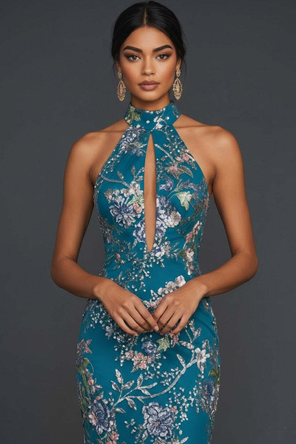 Sparkly Floral Peacock Mermaid Maxi Gala Dress with Beading