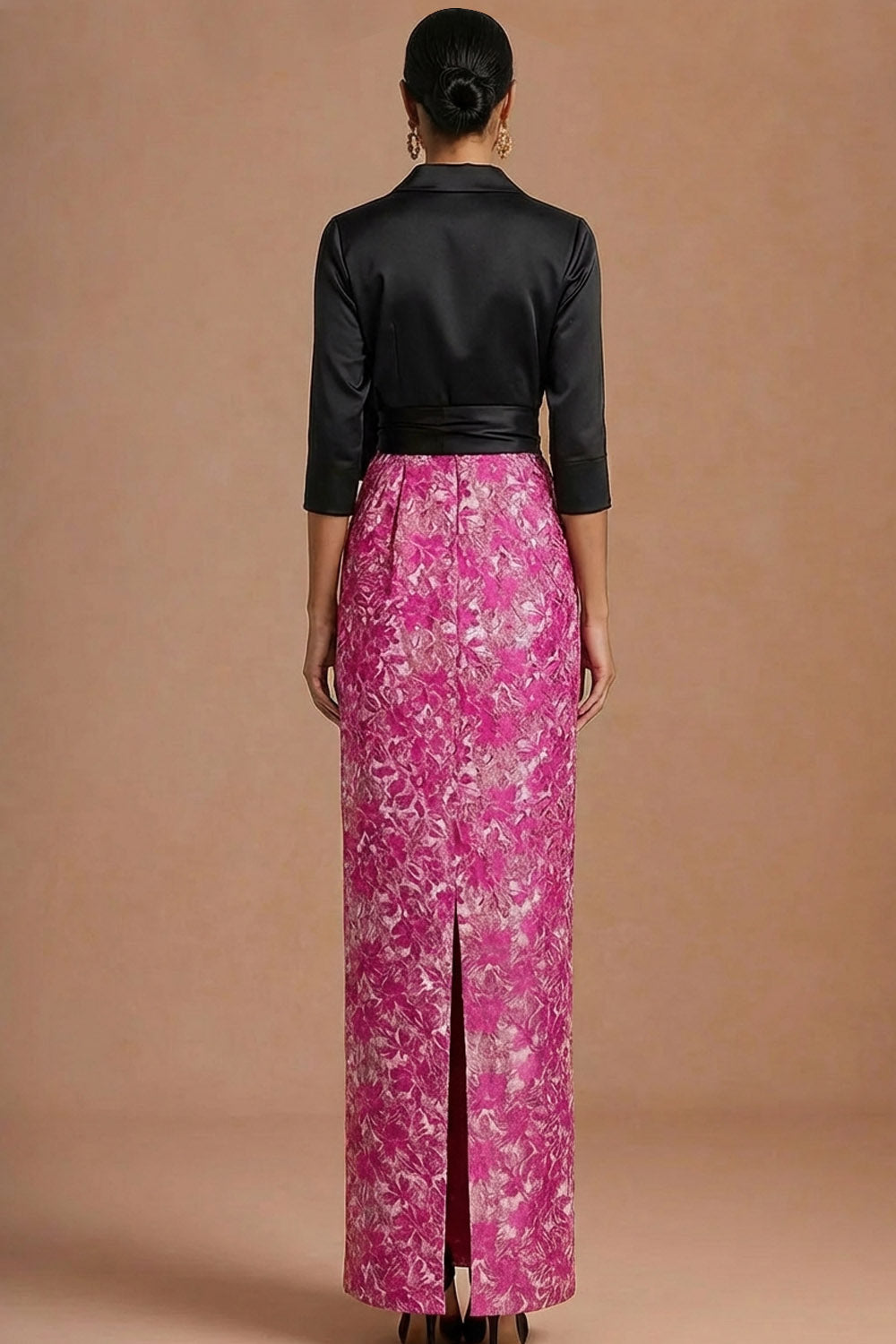 Fuchsia Collar Neck Floral Mermaid Long Formal Dress with Bow