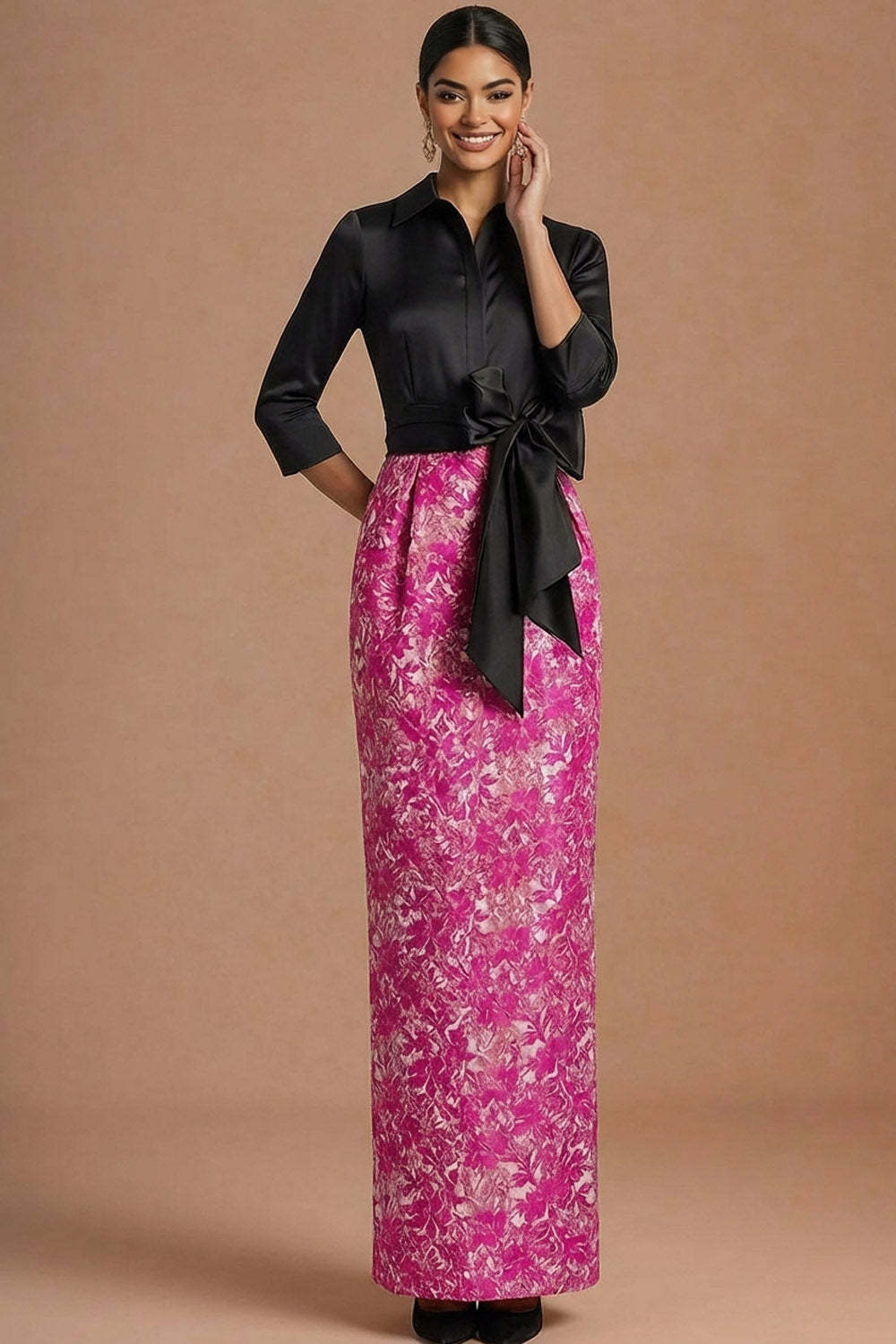 Fuchsia Collar Neck Floral Mermaid Long Formal Dress with Bow