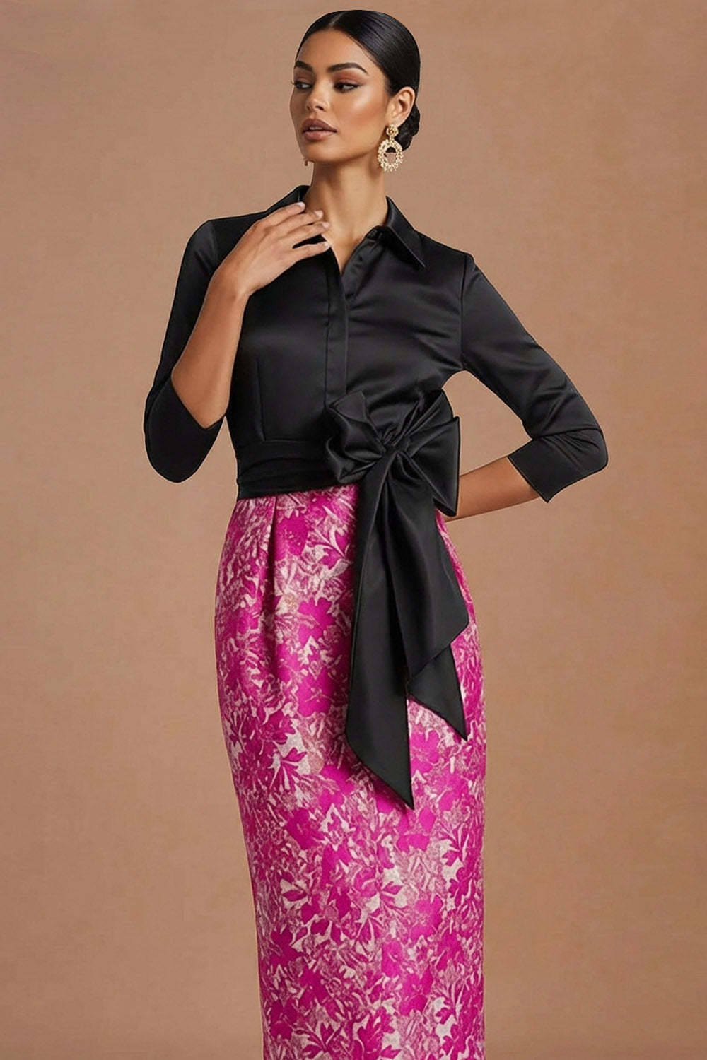 Fuchsia Collar Neck Floral Mermaid Long Formal Dress with Bow