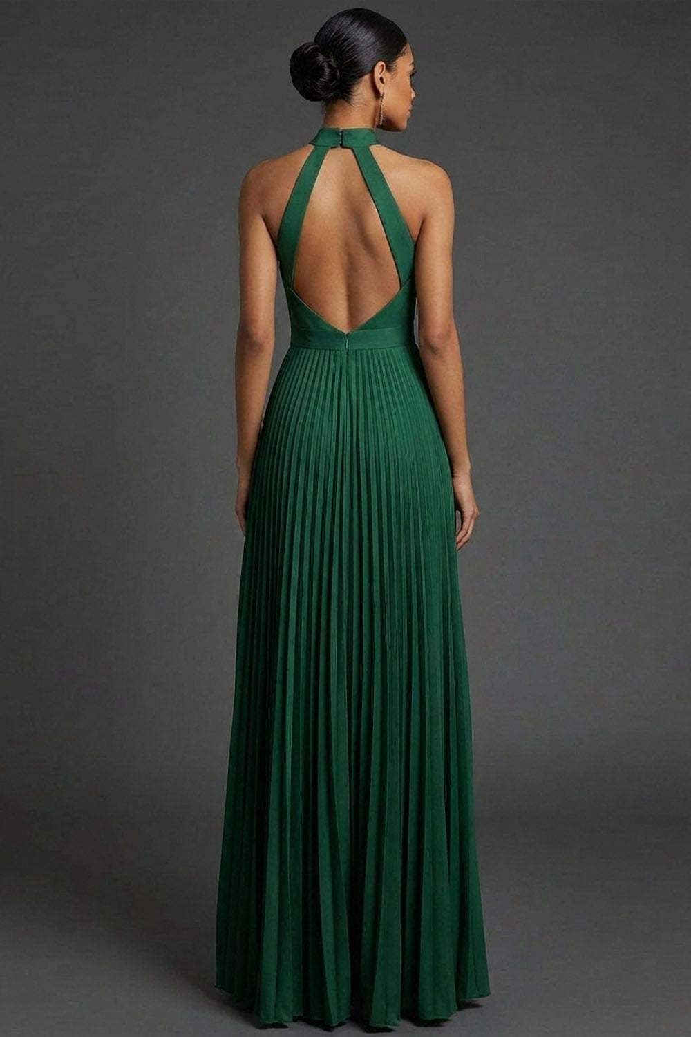 Dark Green Halter Neck Pleated A Line Maxi Formal Dress with Slit