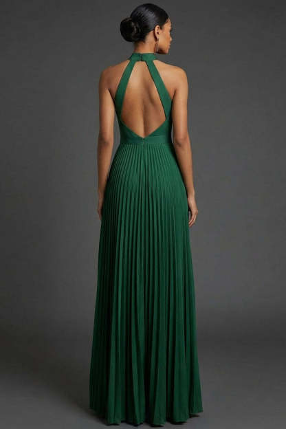 Dark Green Halter Neck Pleated A Line Maxi Formal Dress with Slit