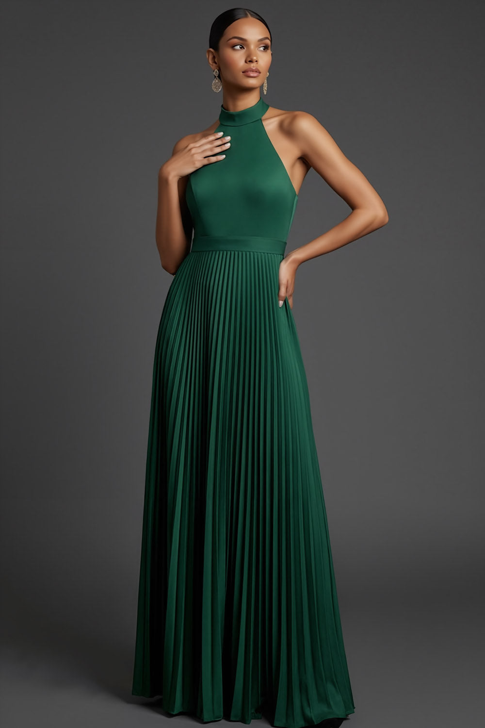 Dark Green Halter Neck Pleated A Line Maxi Formal Dress with Slit
