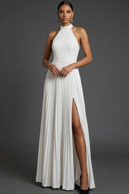 Dark Green Halter Neck Pleated A Line Maxi Formal Dress with Slit