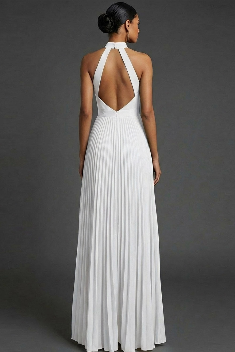 White Pleated A Line Maxi Wedding Reception Dress with Slit