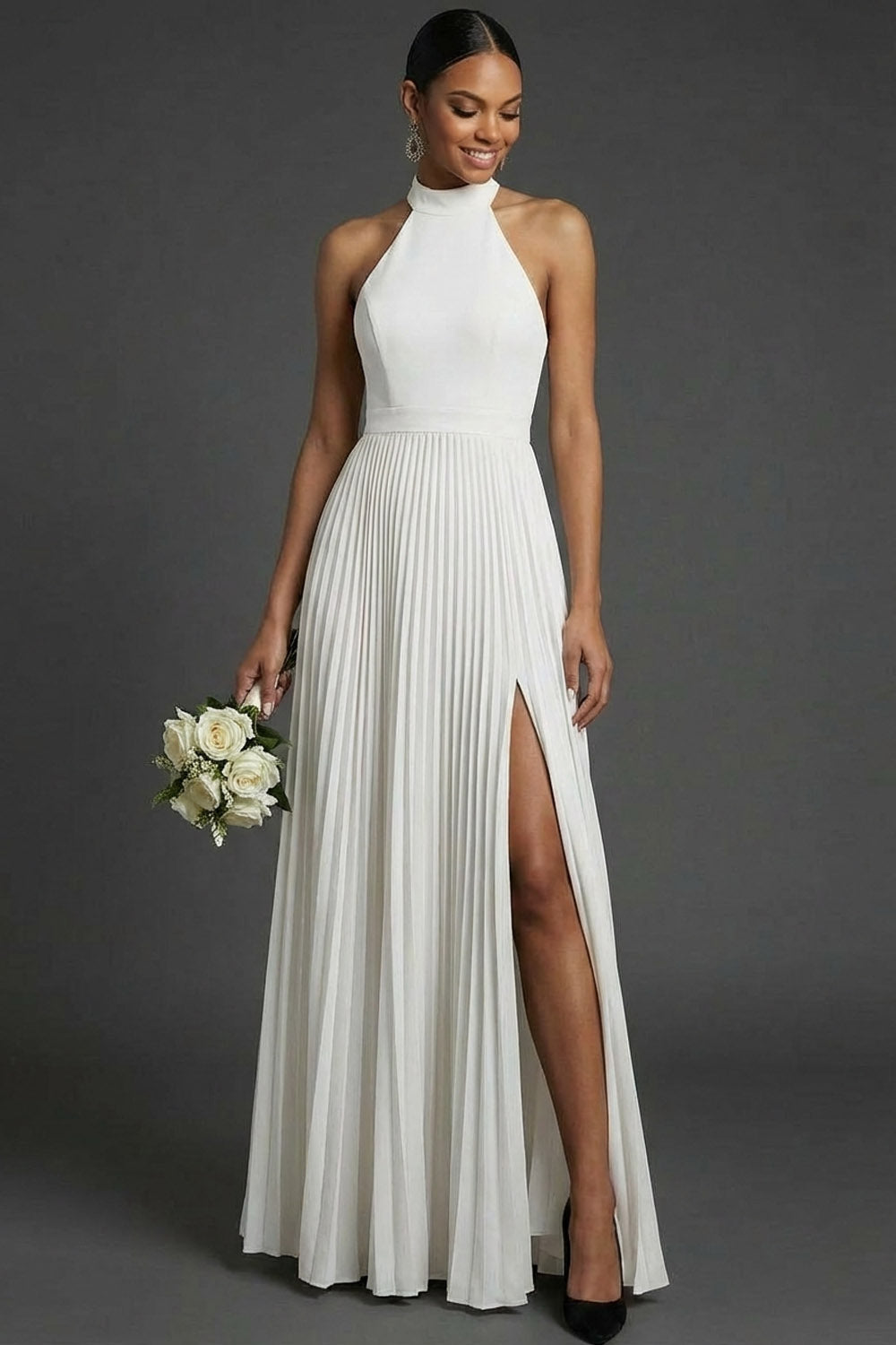 Dark Green Halter Neck Pleated A Line Maxi Formal Dress with Slit