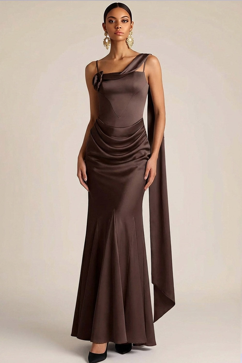 Leely Women Chocolates Satin Mermaid Maxi Wedding Guest Dress with 3D Flower Spagehtti Straps Backless Formal Dress