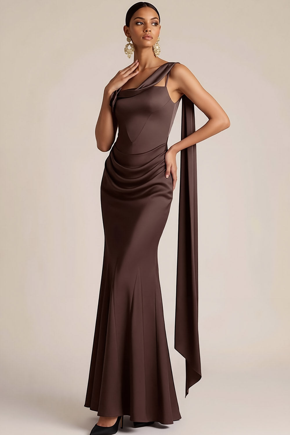 Chocolates Mermaid Satin Maxi Formal Dress with 3D Flower