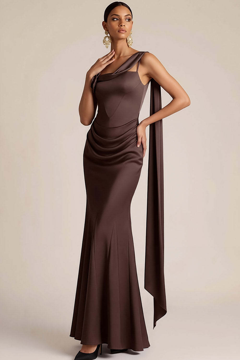 Chocolates Mermaid Satin Maxi Formal Dress with 3D Flower