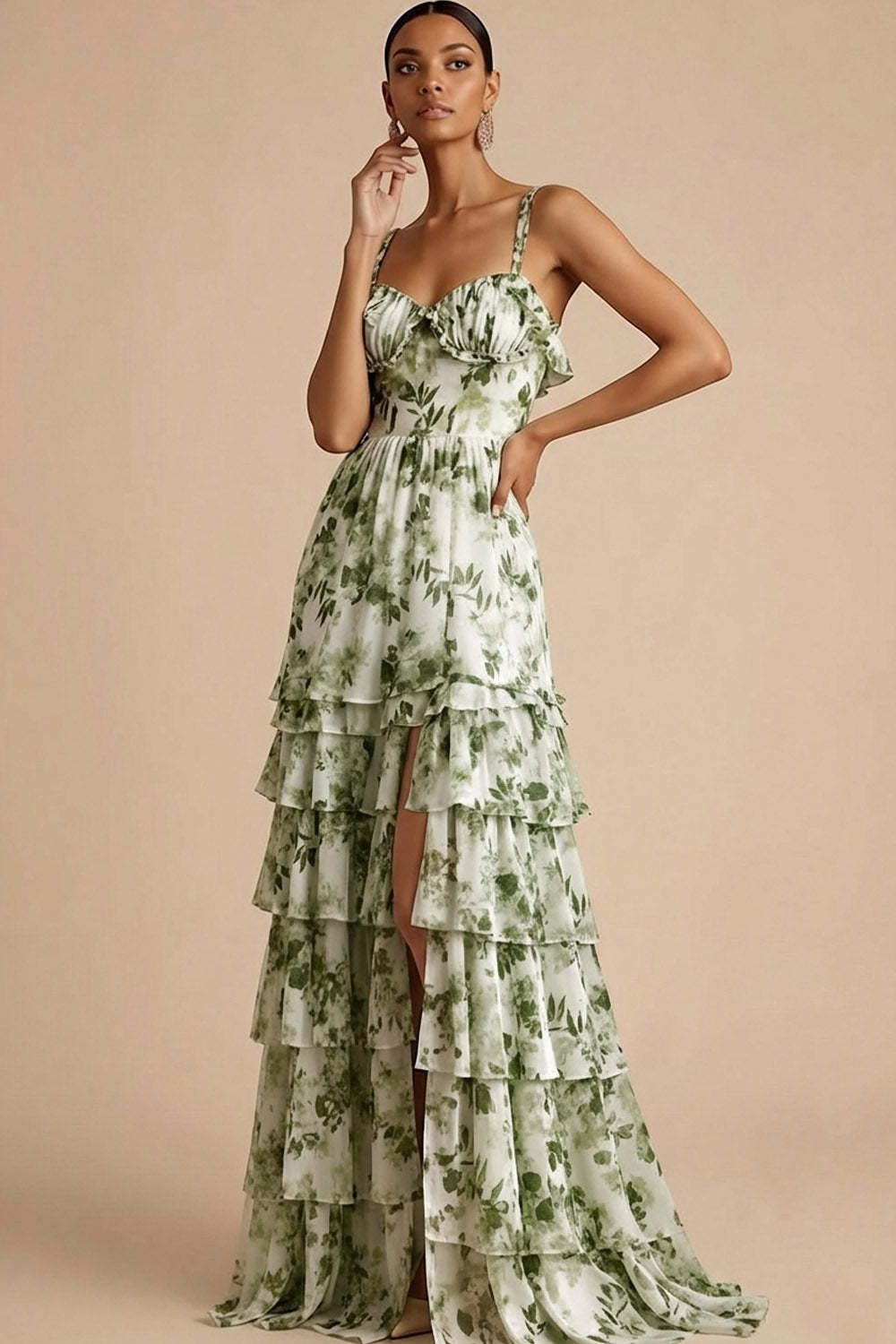 Green Floral A Line Sweetheart Maxi Wedding Guest Dress with Slit