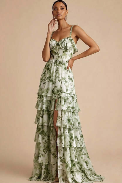 Green Floral A Line Sweetheart Maxi Wedding Guest Dress with Slit