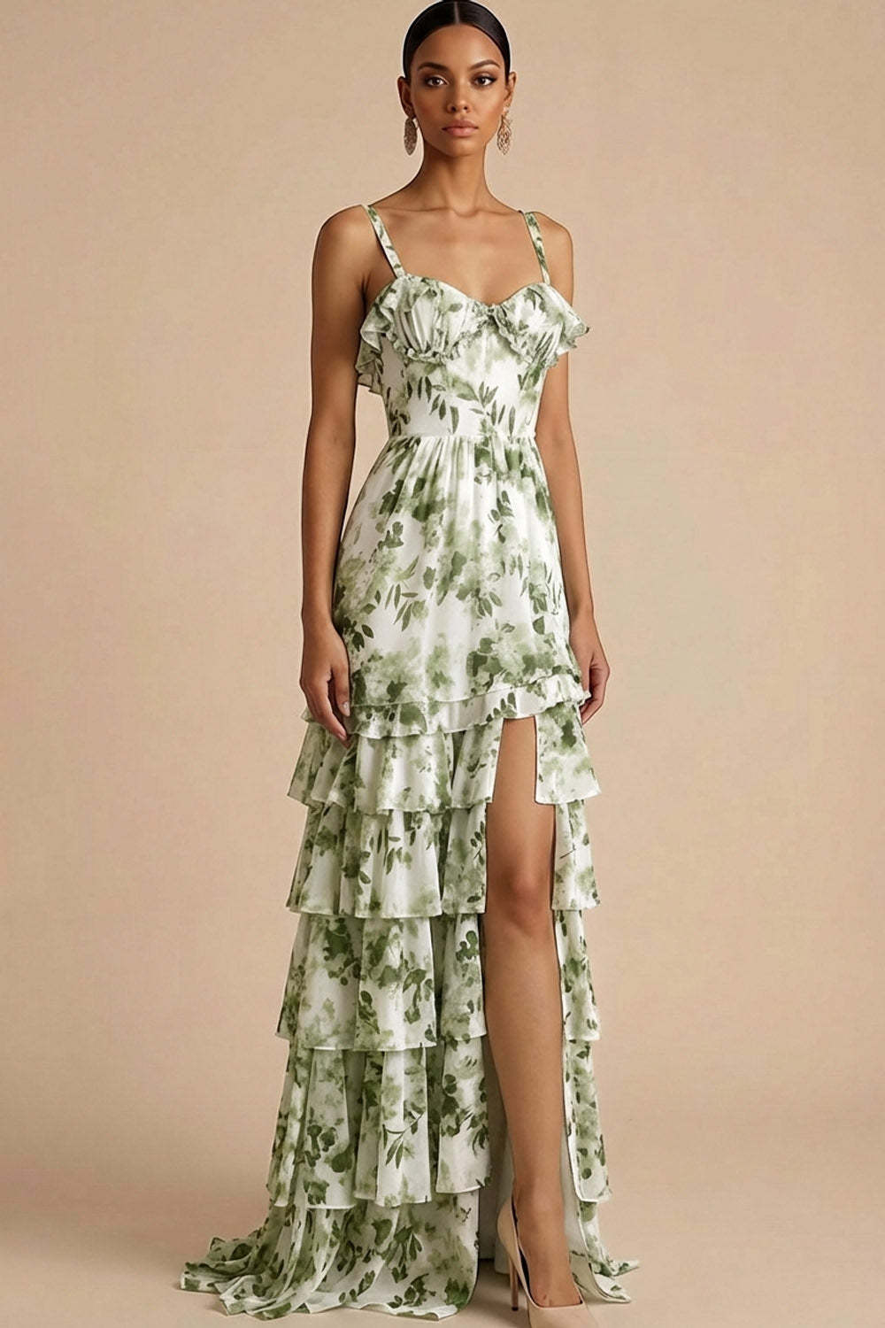 Leely Women Green Floral A Line Sweetheart Maxi Wedding Guest Dress with Slit Spaghetti Straps Ruffled Formal Dress