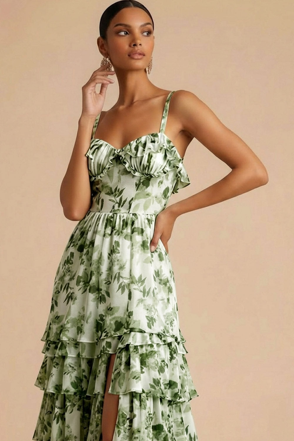 Green Floral A Line Sweetheart Maxi Wedding Guest Dress with Slit