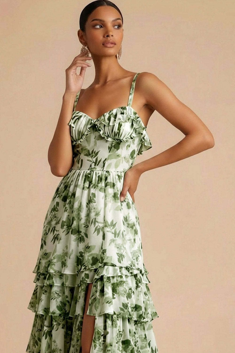 Green Floral A Line Sweetheart Maxi Wedding Guest Dress with Slit