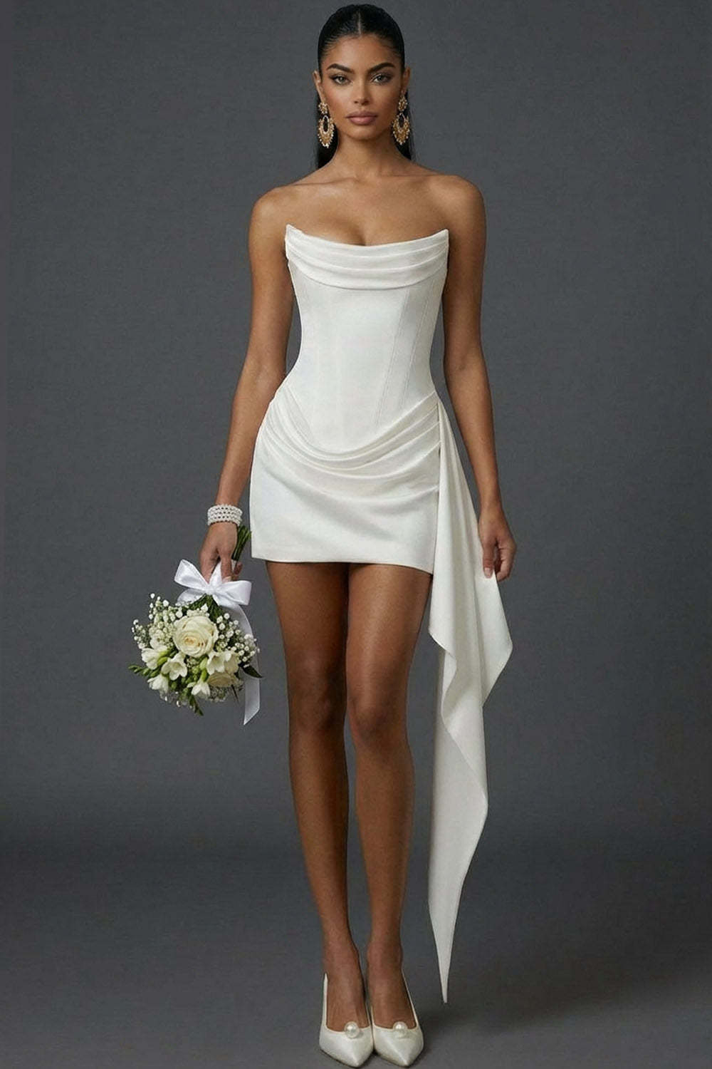 Leely Women White Bodycon Corset Short Bridal Shower Dress Backless Draped Little White Dress