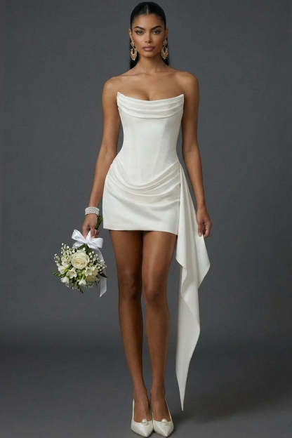 Leely Women White Bodycon Corset Short Bridal Shower Dress Backless Draped Little White Dress