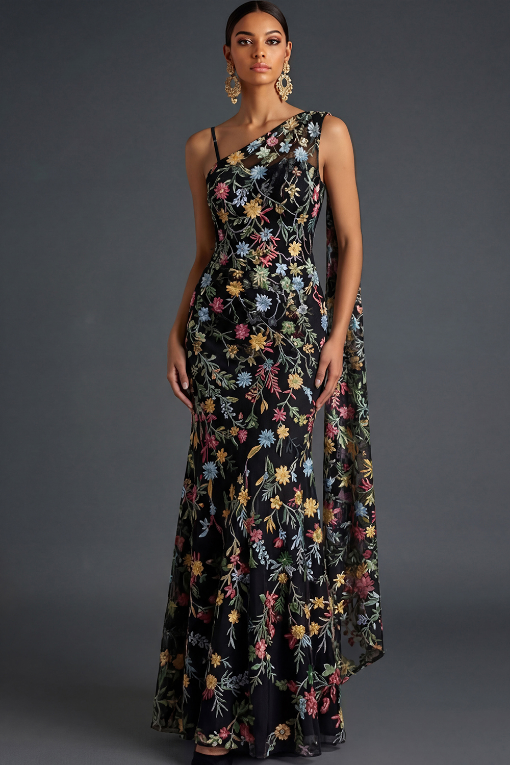 Floral Mauve Mermaid Maxi Wedding Guest Dress with Sash