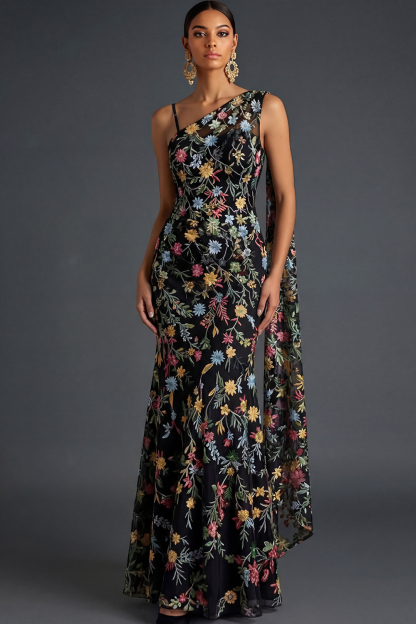 Floral Mauve Mermaid Maxi Wedding Guest Dress with Sash