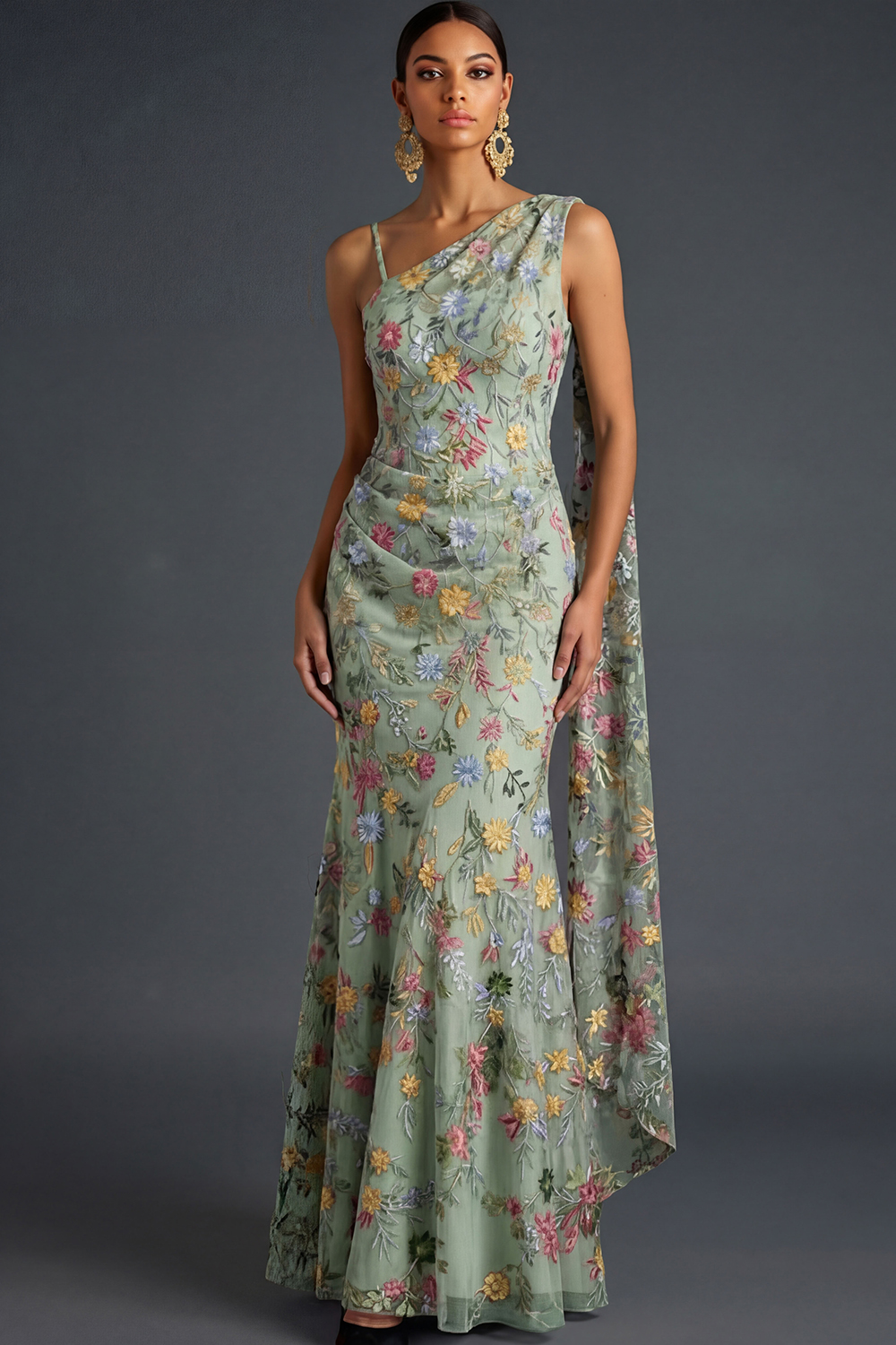 Floral Mauve Mermaid Maxi Wedding Guest Dress with Sash