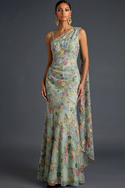 Floral Mauve Mermaid Maxi Wedding Guest Dress with Sash