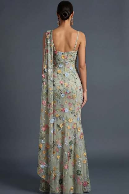 Floral Mauve Mermaid Maxi Wedding Guest Dress with Sash