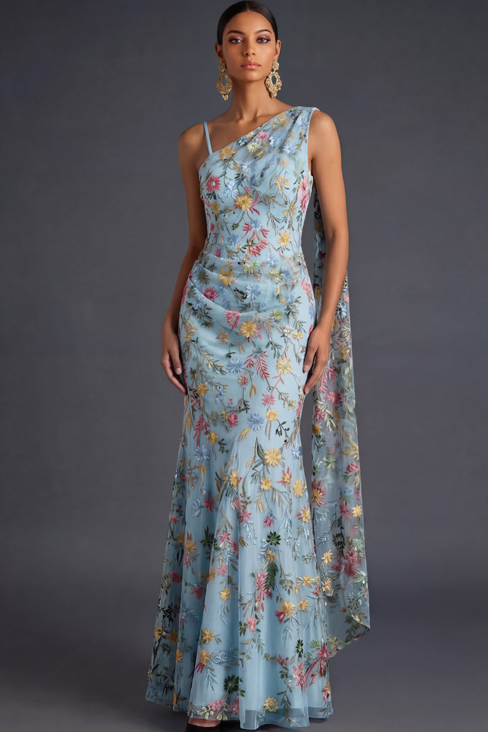 Floral Mauve Mermaid Maxi Wedding Guest Dress with Sash