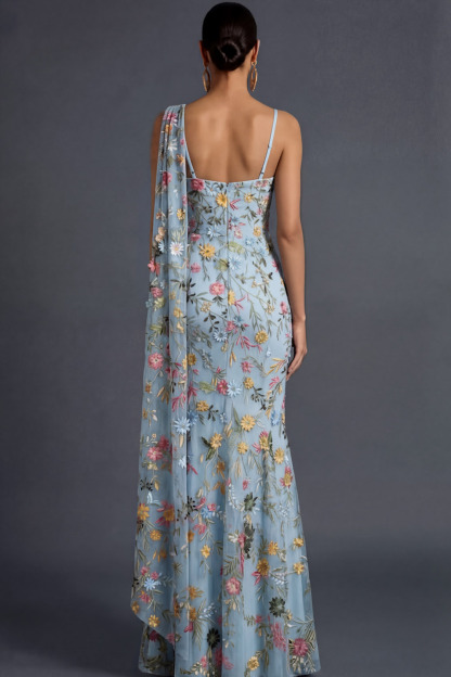 Floral Mauve Mermaid Maxi Wedding Guest Dress with Sash
