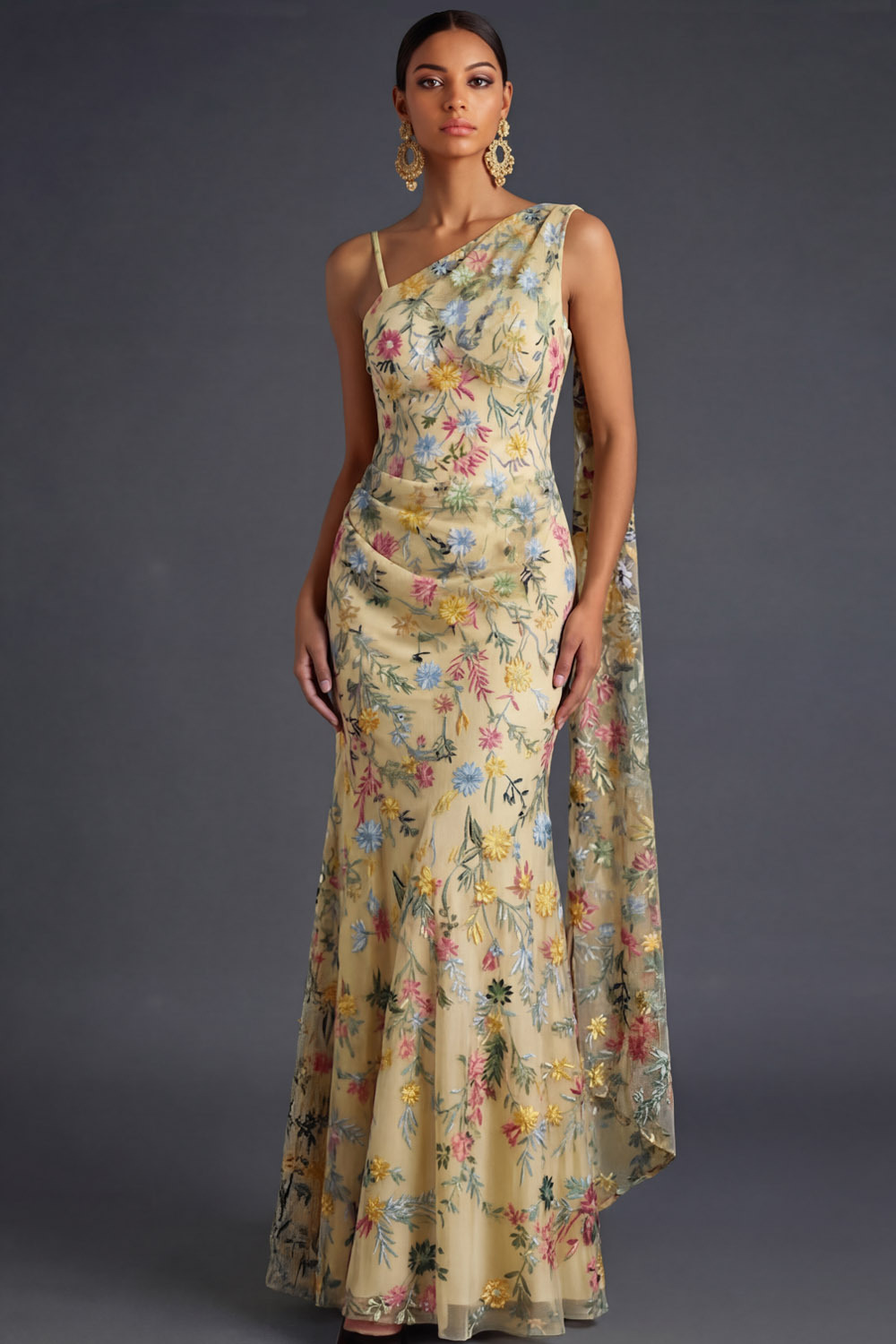 Floral Mauve Mermaid Maxi Wedding Guest Dress with Sash