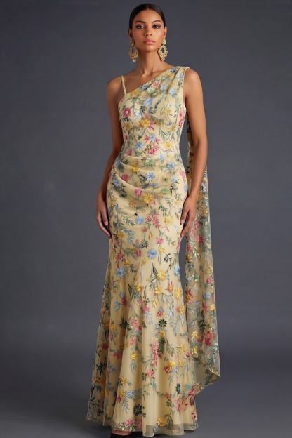Floral Mauve Mermaid Maxi Wedding Guest Dress with Sash