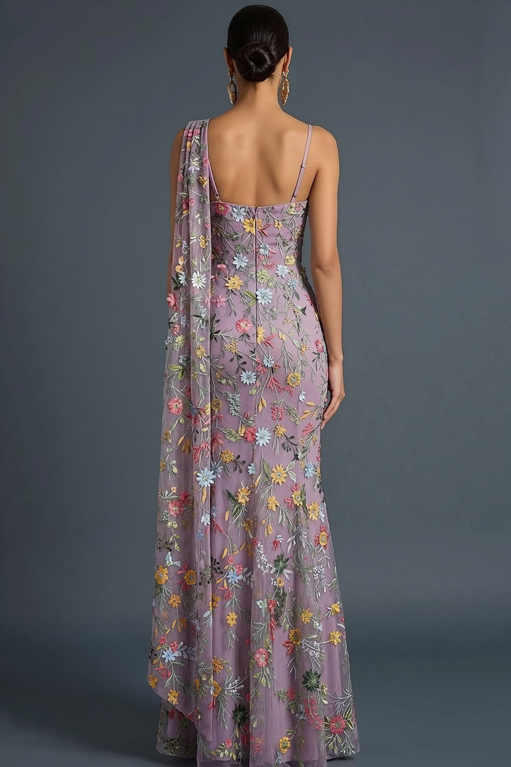 Floral Mauve Mermaid Maxi Wedding Guest Dress with Sash