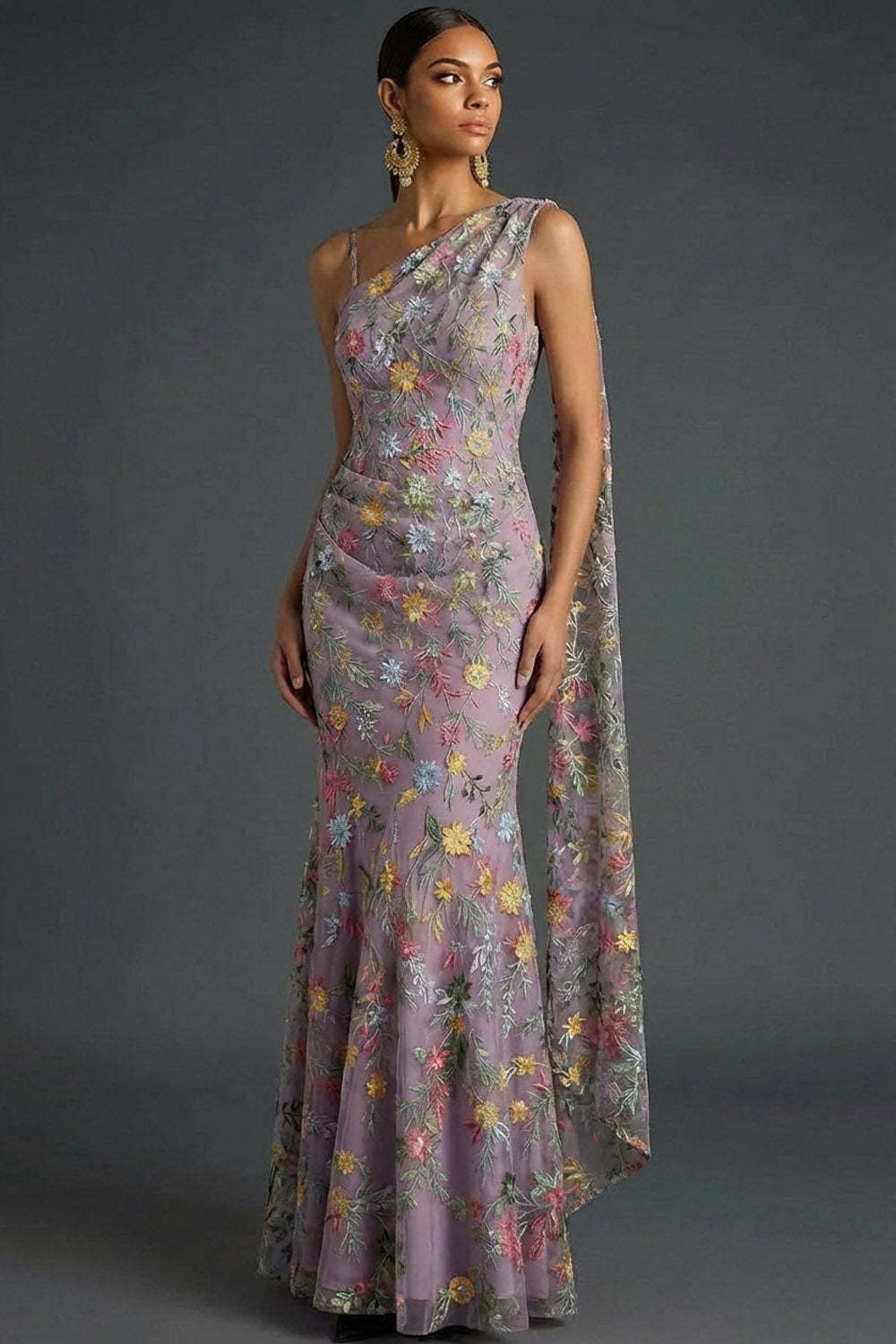 Floral Mauve Mermaid Maxi Wedding Guest Dress with Sash
