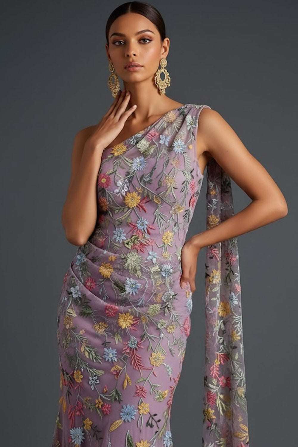 Floral Mauve Mermaid Maxi Wedding Guest Dress with Sash