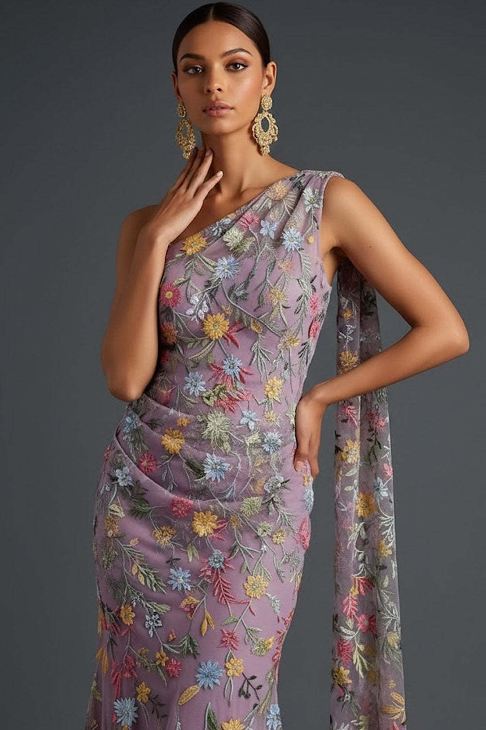 Floral Mauve Mermaid Maxi Wedding Guest Dress with Sash