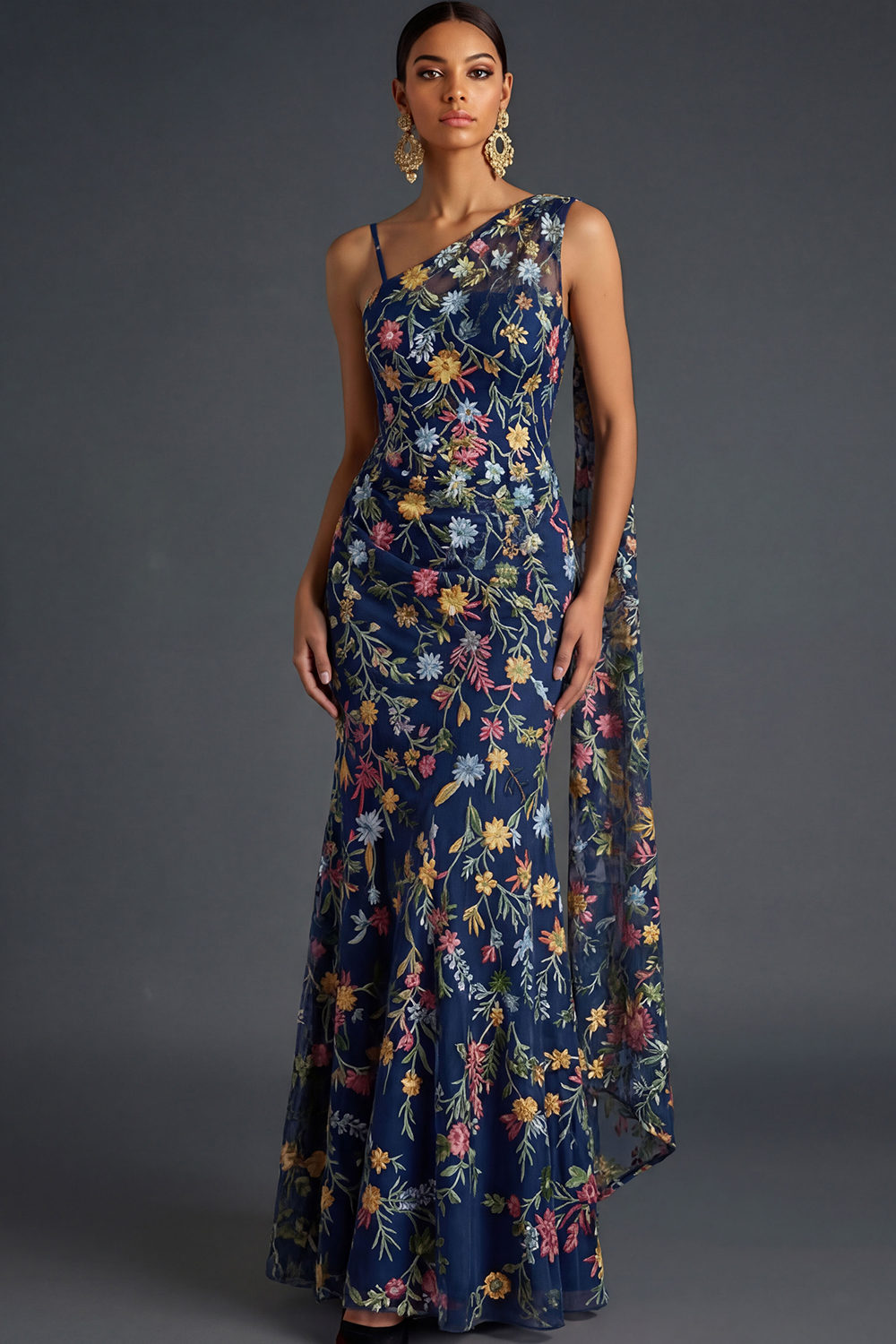 Floral Mauve Mermaid Maxi Wedding Guest Dress with Sash
