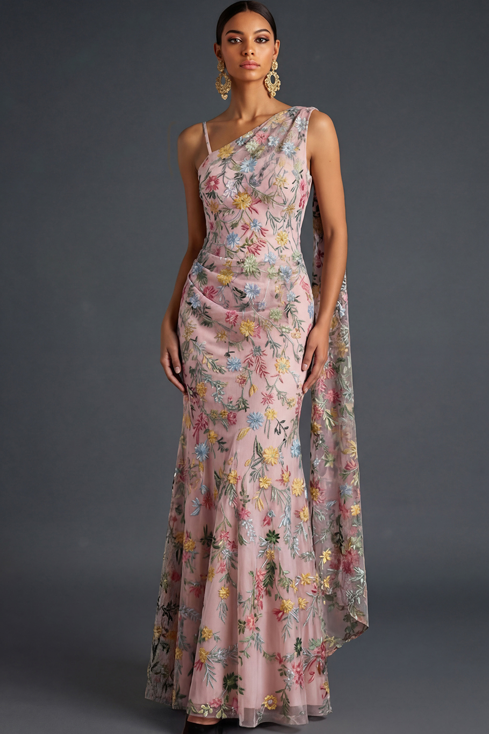 Floral Mauve Mermaid Maxi Wedding Guest Dress with Sash