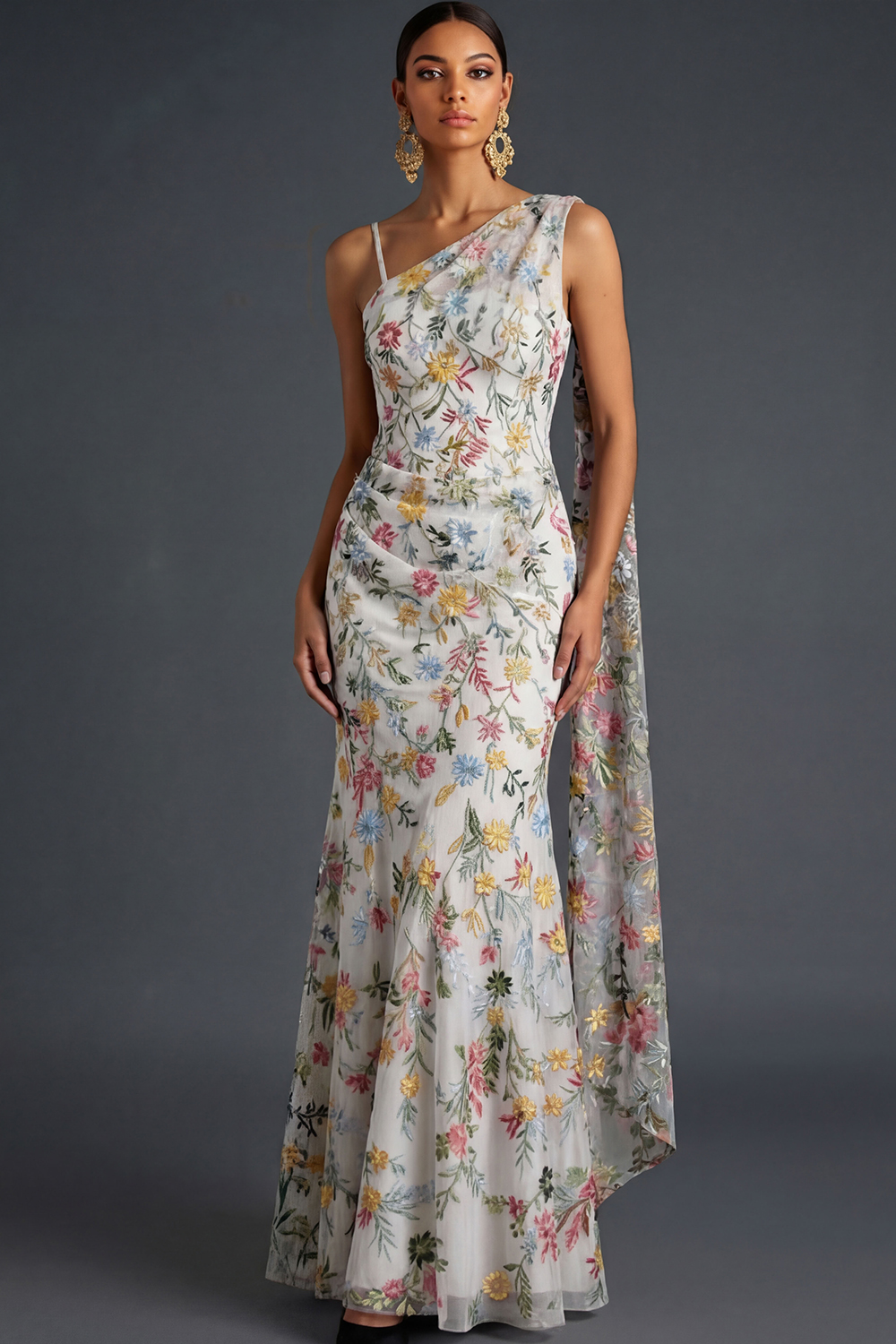 Floral Mauve Mermaid Maxi Wedding Guest Dress with Sash