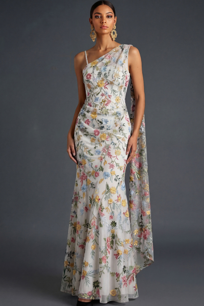 Floral Mauve Mermaid Maxi Wedding Guest Dress with Sash