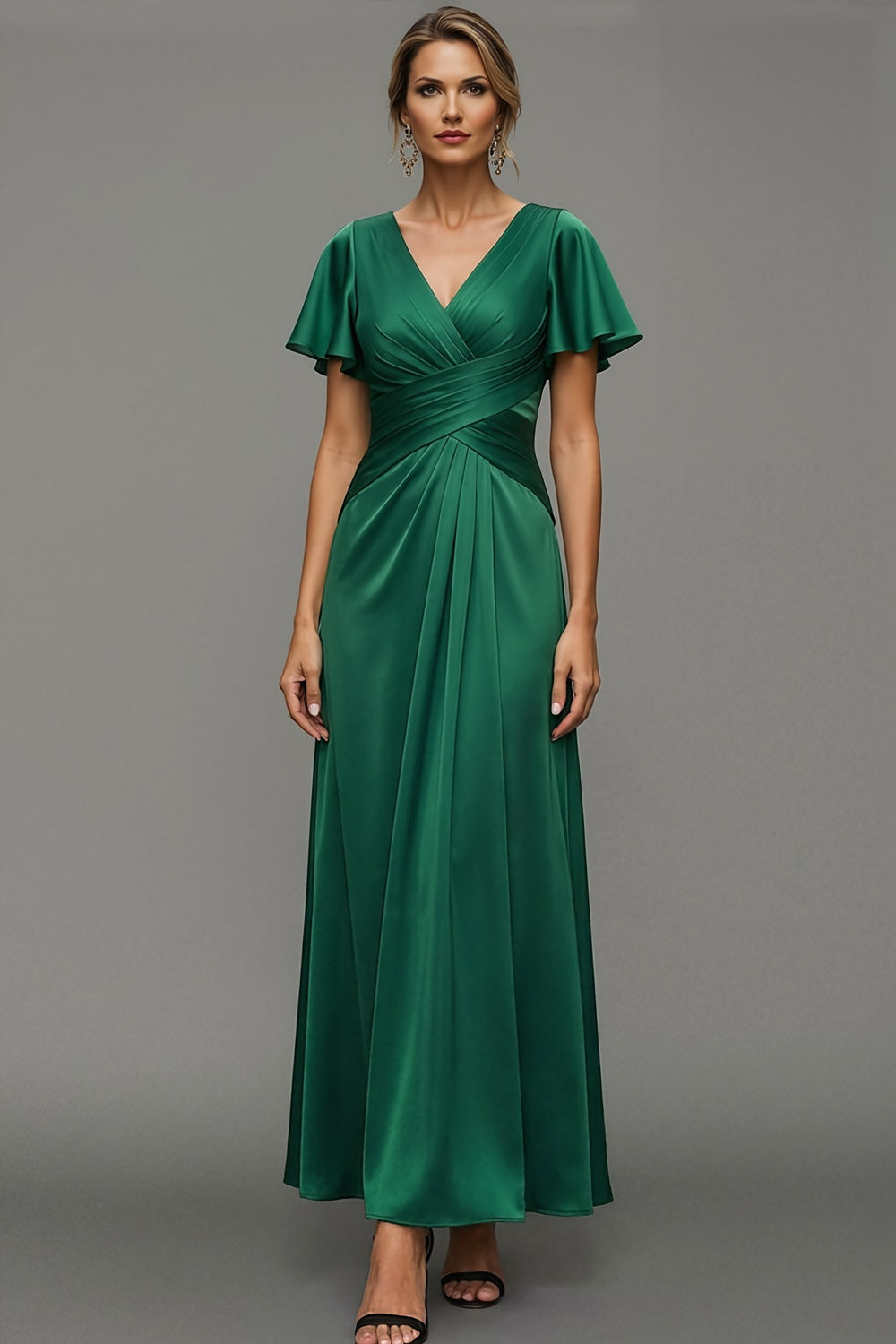 Leely Women Emerald Green Satin A Line Long Formal Dress Short Sleeves V Neck Evening Dress